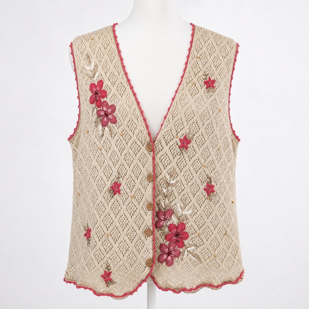 Vintage 90s Floral Embroidered Knit Vest M Pet Tan Cottagecore Granny Pointelle